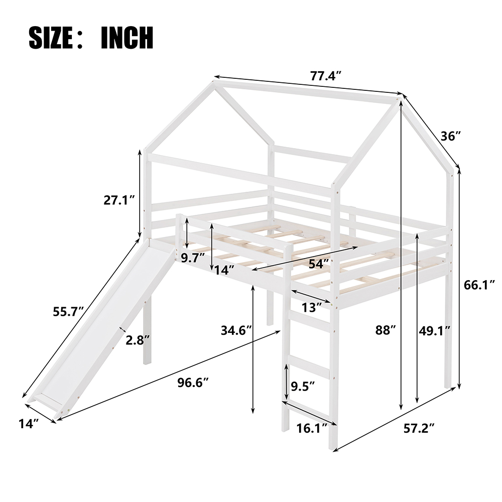 Full-Size Loft Bed Frame with Slide and Wooden Slats Support, No Box Spring Required, for Kids, Teens, Boys, Girls (Frame Only) - White