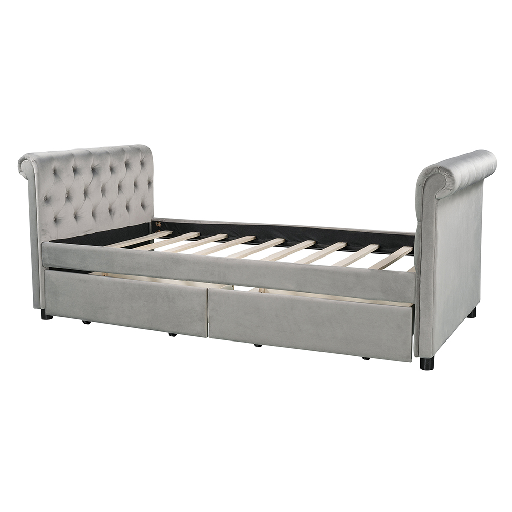 Twin Size Upholstered Daybed With 2 Storage Drawers, And Wooden Slats Support, No Box Spring Needed (Only Frame) - Gray 10 Twin Size Upholstered Daybed with 2 Storage Drawers, and Wooden Slats Support, No Box Spring Needed (Only Frame) - Gray