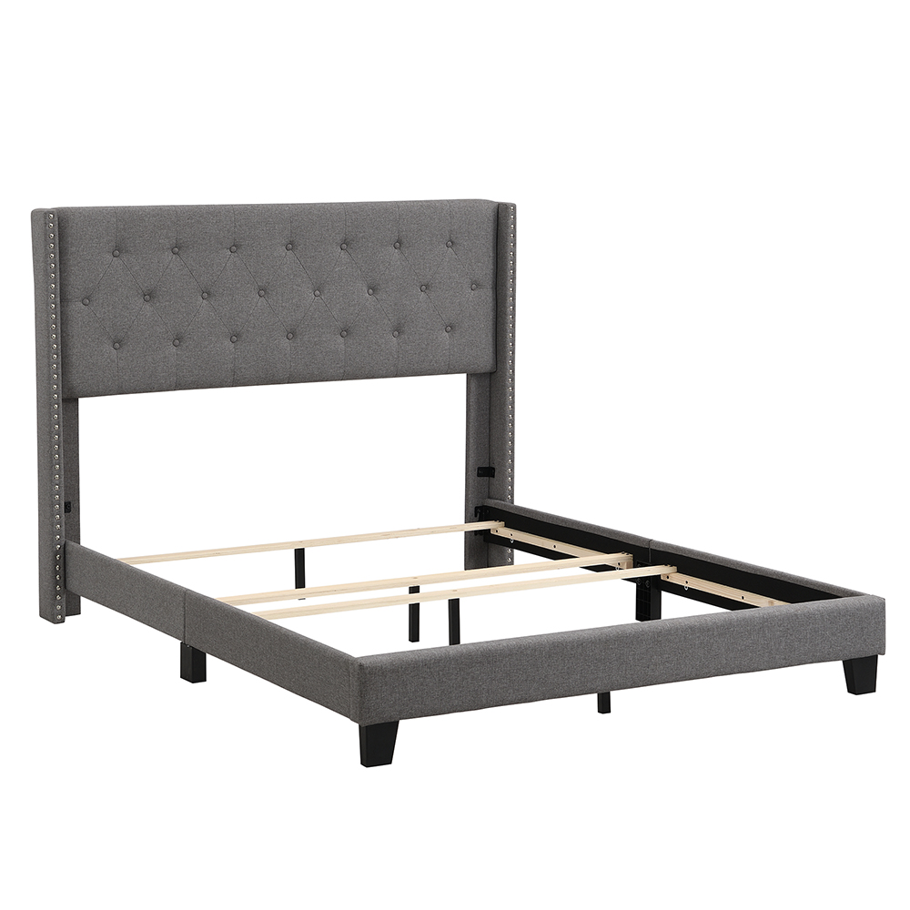 Queen Size Linen Fabric Upholstered Platform Bed Frame with Headboard and Wooden Slats Support, Box Spring Needed (Only Frame) - Gray