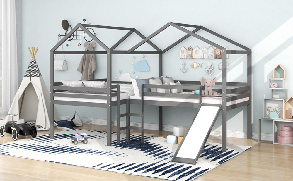 Full-Size House-Shaped Loft Bed Frame with Slide, Ladder, and Wooden Slats Support, No Box Spring Required, for Kids, Teens, Boys, Girls (Frame Only) - Gray