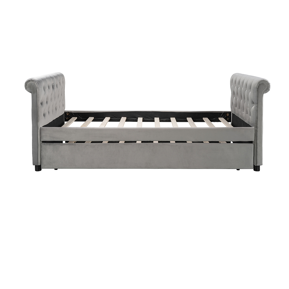 Twin Size Upholstered Daybed with Trundle, and Wooden Slats Support, No Box Spring Needed (Only Frame) - Gray