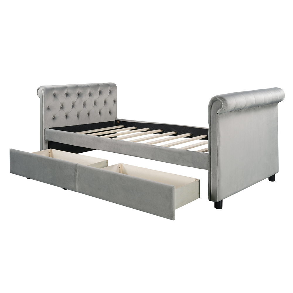Twin Size Upholstered Daybed With 2 Storage Drawers, And Wooden Slats Support, No Box Spring Needed (Only Frame) - Gray 9 Twin Size Upholstered Daybed with 2 Storage Drawers, and Wooden Slats Support, No Box Spring Needed (Only Frame) - Gray