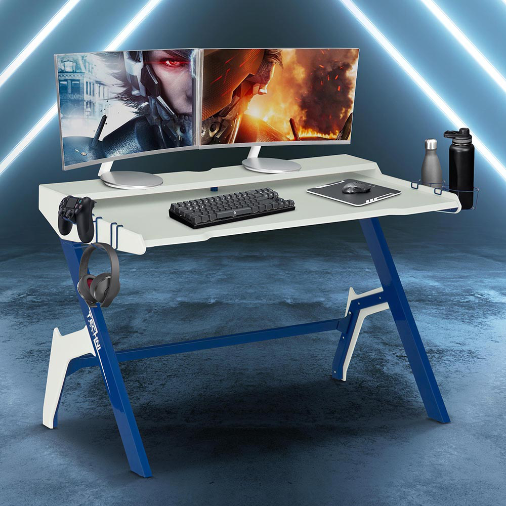 Techni Home Office Gaming Desk with Cup Holder, Headphone Hook, MDF Tabletop and Metal Frame, for Game Room, Small Space, Study Room - Blue