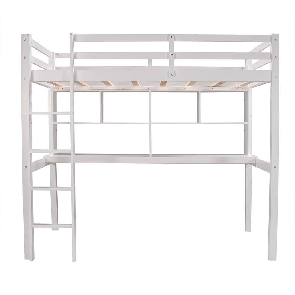 Twin-Size Loft Bed Frame with Desk, Storage Shelves, and Wooden Slats Support, No Box Spring Required, for Kids, Teens, Boys, Girls (Frame Only) - White