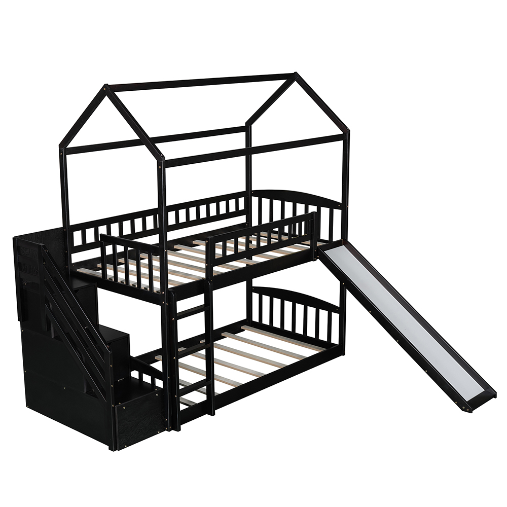 Twin-Over-Twin Size Bunk Bed Frame with Storage Stairs, Slide, and Wooden Slats Support, for Kids, Teens, Boys, Girls (Frame Only) - Espresso