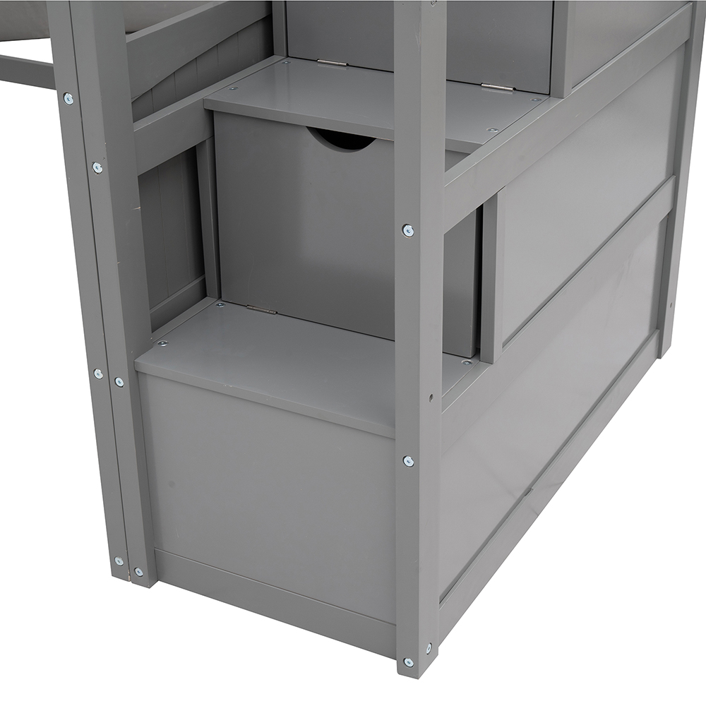 Twin-Over-Twin Size L-Shaped Bunk Bed Frame with Ladder, Storage Stairs, and Wooden Slats Support, for Kids, Teens, Boys, Girls (Frame Only) - Gray