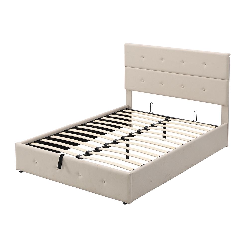 Full Size Upholstered Platform Bed Frame with Storage Space, Headboard and Wooden Slats Support, No Box Spring Needed (Only Frame) - Beige