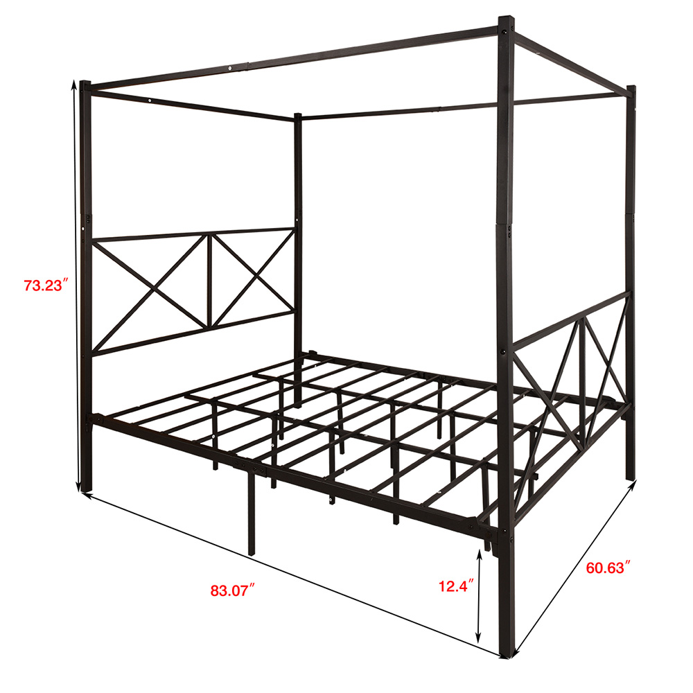 Queen Size Canopy Platform Bed Frame with X-Shaped Frame and Metal Slats Support, No Box Spring Needed (Only Frame) - Black