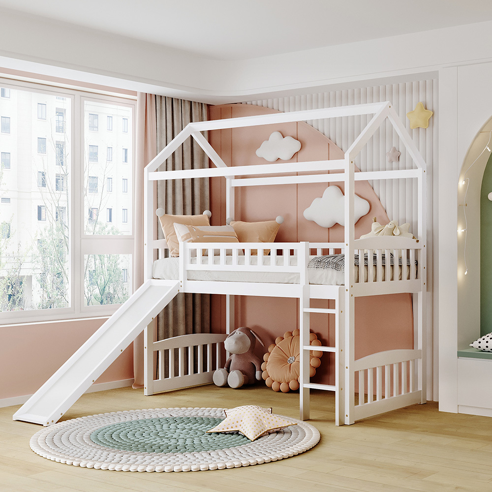 New Twin-Size House-Shaped Loft Bed Frame with Slide, Ladder and Wooden ...