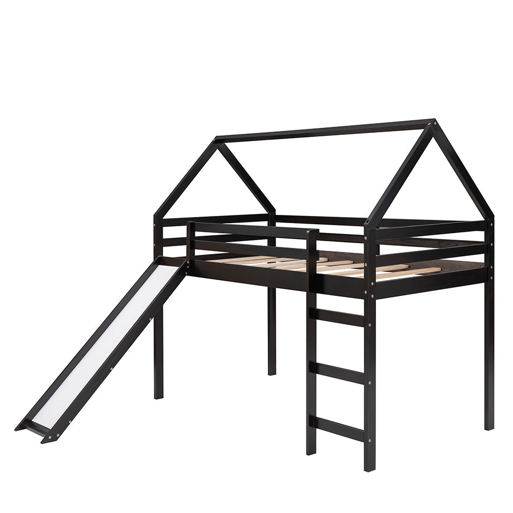 TwinSize HouseShaped Loft Bed Frame with Slide Espresso