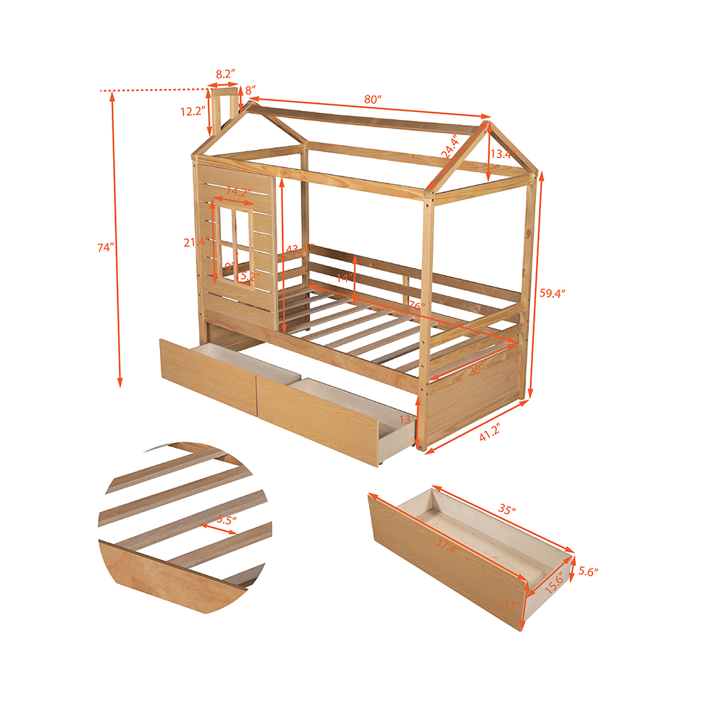 Twin Size House-shaped Platform Bed Frame with 2 Storage Drawers and Wooden Slats Support, No Box Spring Needed (Only Frame) - Natural