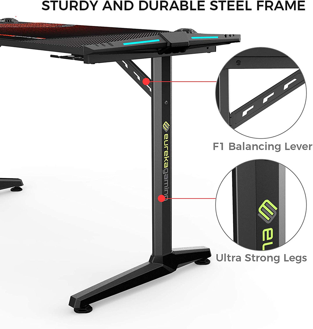 Home Office 55" Gaming Desk with RGB LED Lights and Metal Frame, for Game Room, Small Space, Study Room - Black