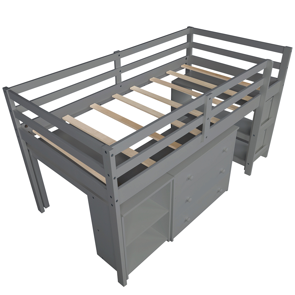 Twin-Size Loft Bed Frame with Storage Drawers, Rolling Portable Desk, and Wooden Slats Support, No Box Spring Required, for Kids, Teens, Boys, Girls (Frame Only) - Gray