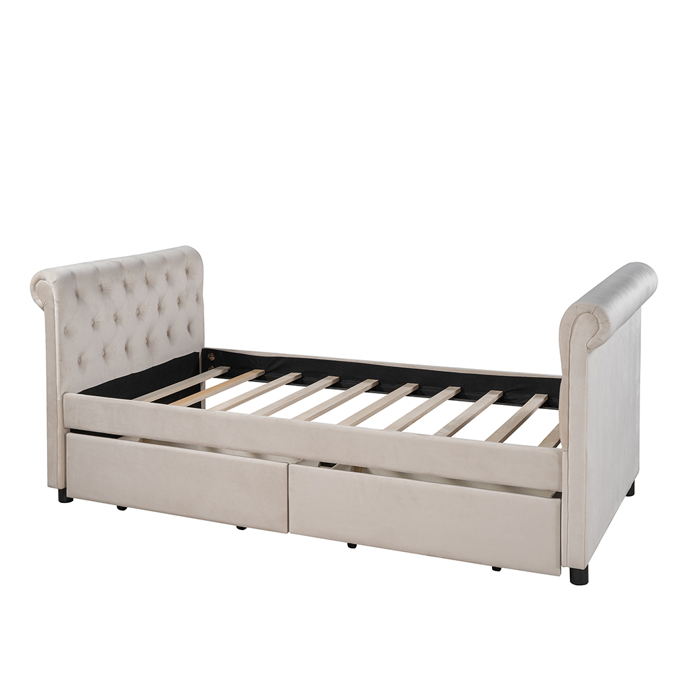 Twin Size Upholstered Daybed with 2 Storage Drawers, and Wooden Slats Support, No Box Spring Needed (Only Frame) - Beige