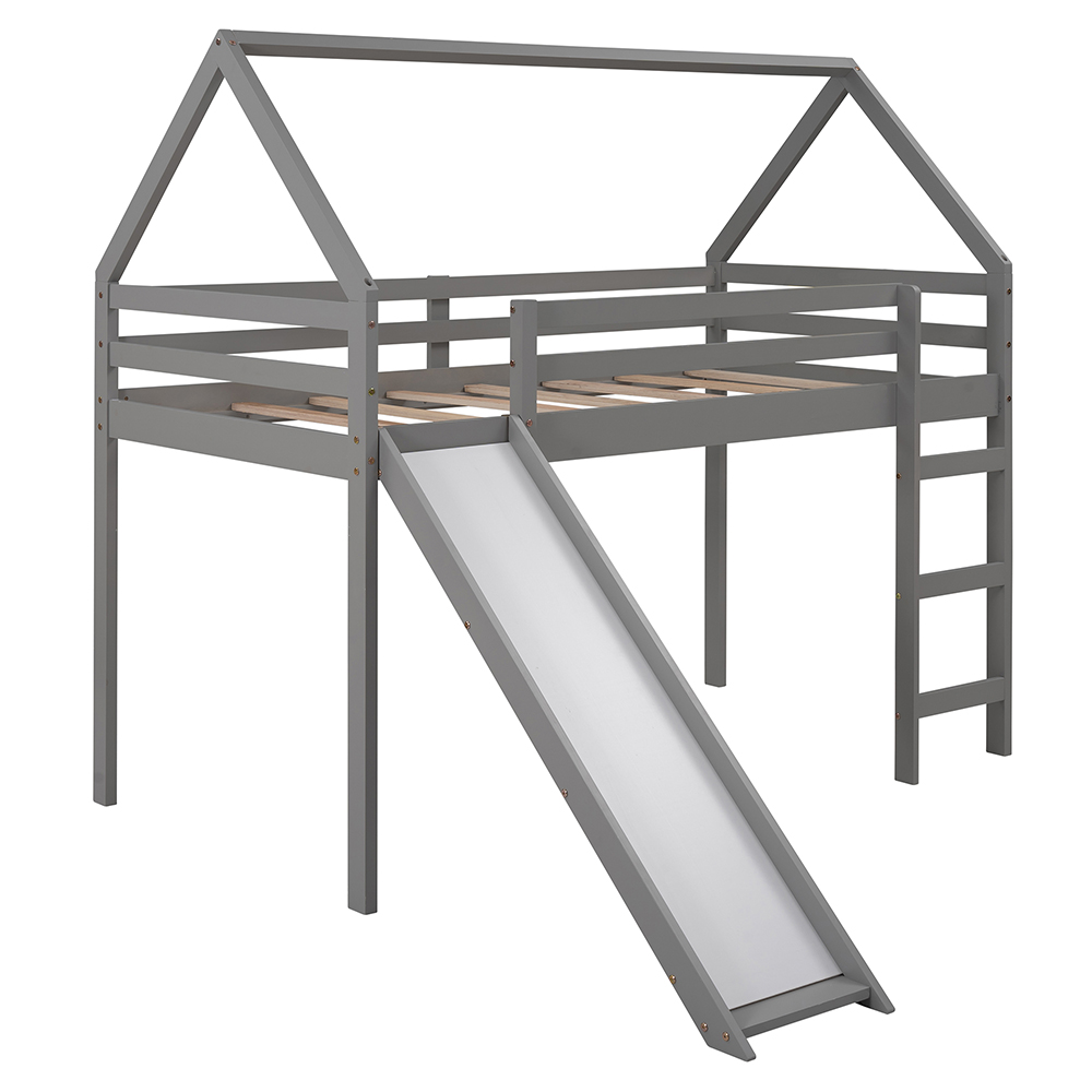 Twin-Size House-Shaped Loft Bed Frame with Slide and Wooden Slats Support, No Box Spring Required, for Kids, Teens, Boys, Girls (Frame Only) - Gray