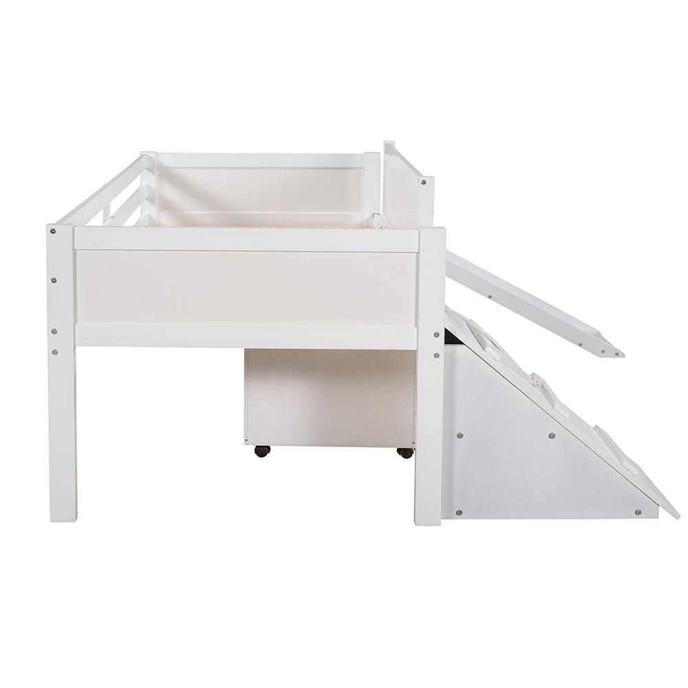 Twin-Size Loft Bed Frame with 2 Storage Boxes, and Wooden Slats Support, No Box Spring Required, for Kids, Teens, Boys, Girls (Frame Only) - White