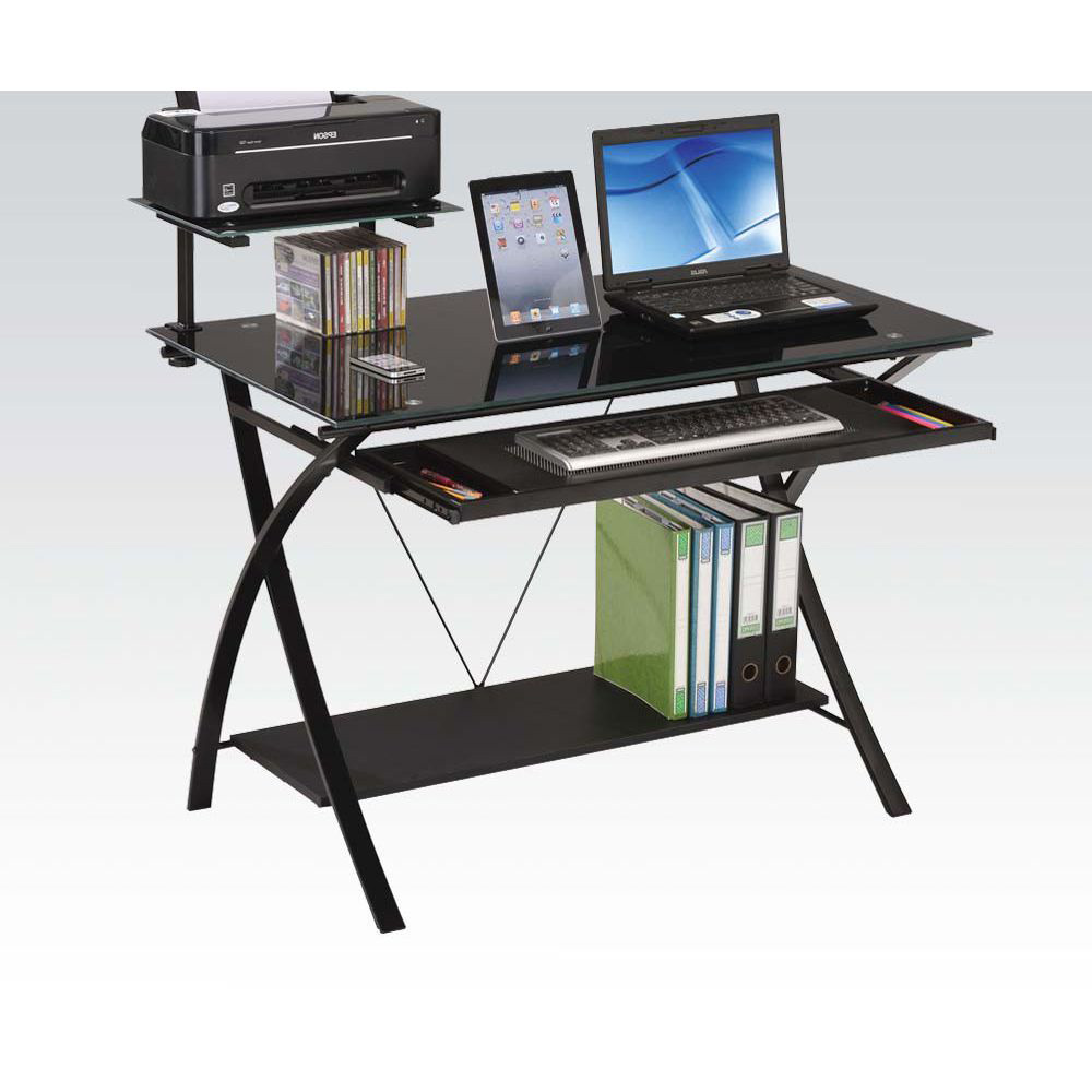 ACME Erma Computer Desk with Tempered Glass Tabletop and Metal Frame, for Game Room, Small Space, Study Room - Black