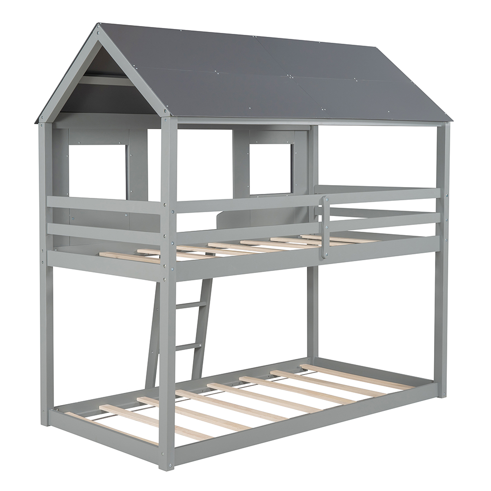Twin-Over-Twin Size House-shaped Bunk Bed Frame with Ladder, and Wooden Slats Support, for Kids, Teens, Boys, Girls (Frame Only) - Gray
