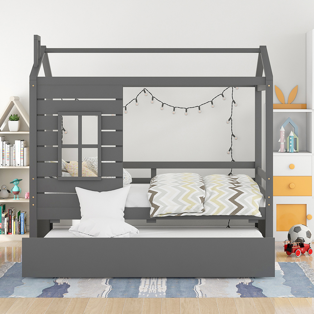 Twin Size House-shaped Platform Bed Frame with Twin Size Trundle and Wooden Slats Support, No Box Spring Needed (Only Frame) - Gray