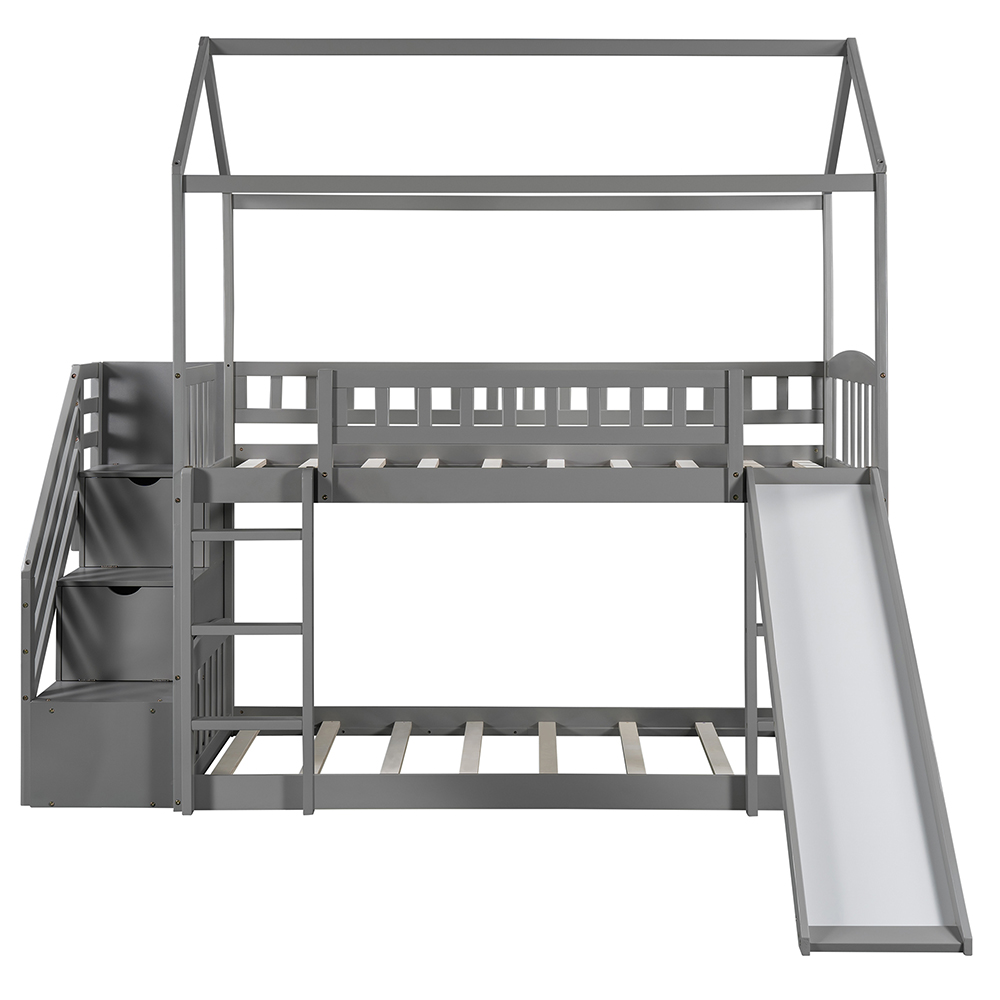 Twin-Over-Twin Size Bunk Bed Frame with Storage Stairs, Slide, and Wooden Slats Support, for Kids, Teens, Boys, Girls (Frame Only) - Gray