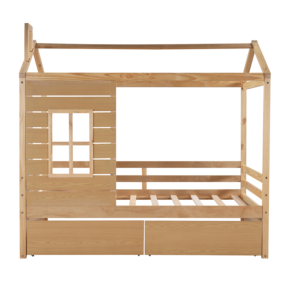 Twin Size House-shaped Platform Bed Frame with 2 Storage Drawers and Wooden Slats Support, No Box Spring Needed (Only Frame) - Natural