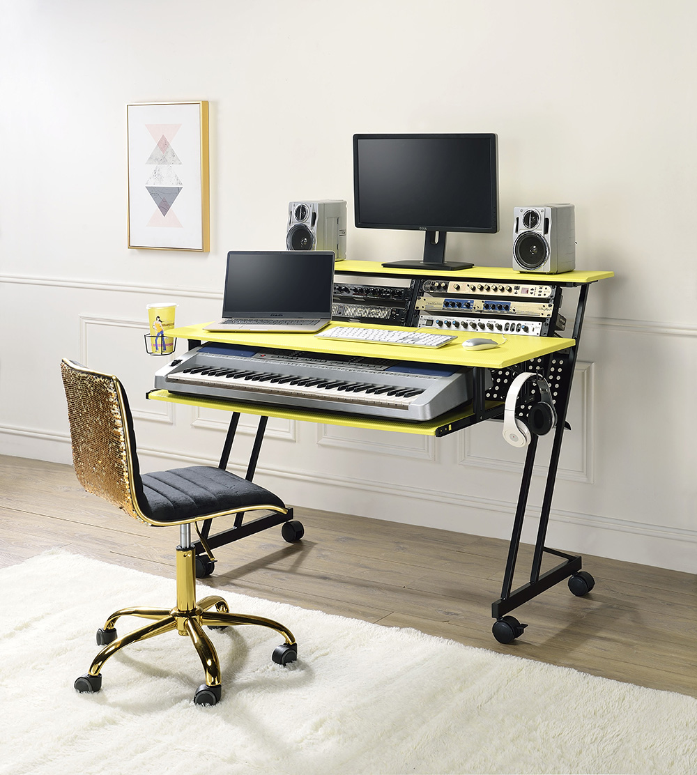 ACME Suitor Computer Desk with Keyboard Tray, Wooden Tabletop and Metal Frame, for Game Room, Small Space, Study Room - Yellow + Black