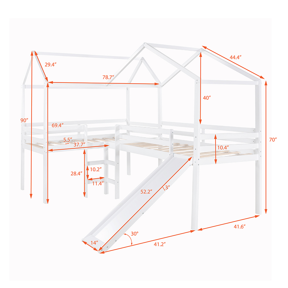 Twin-Size House-Shaped Loft Bed Frame with Slide, Ladder, and Wooden Slats Support, No Box Spring Required, for Kids, Teens, Boys, Girls (Frame Only) - White