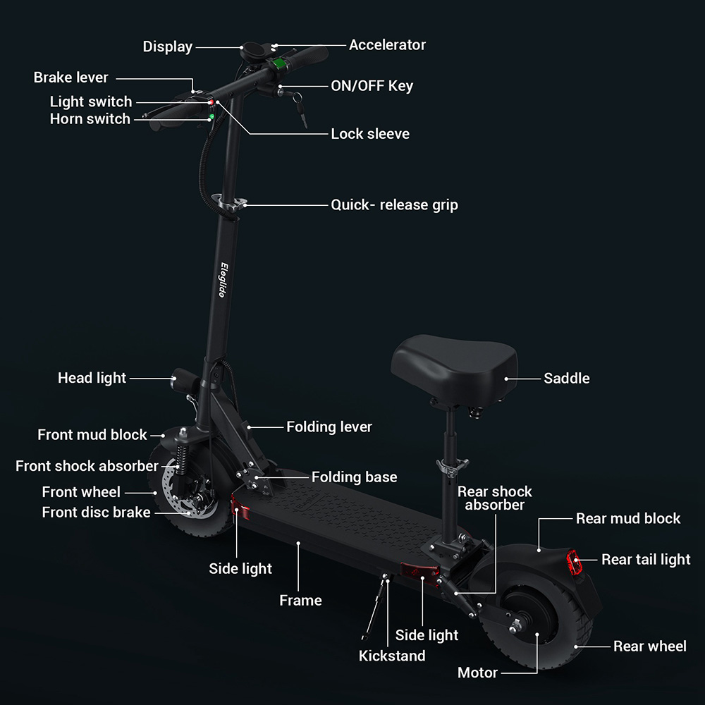 Eleglide D1 Off-road Folding Electric Scooter 10" Pneumatic Tires 500W Motor 48V 18Ah Battery 45km/h Max Speed up to 70km Max Range Front & Rear Disc Brake - Black