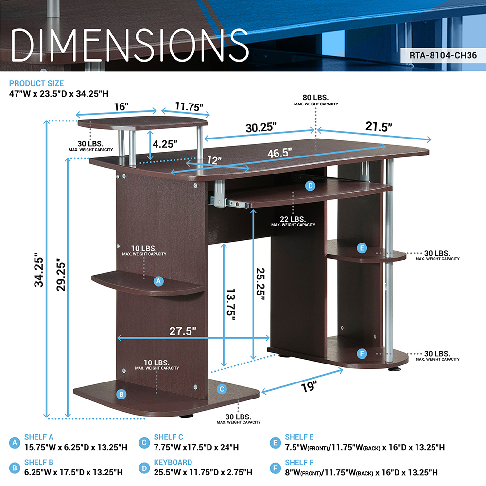 Techni Mobili 46.5" Computer Desk with Slide-out Keyboard Tray, Storage Shelves, and MDF Frame, for Game Room, Small Space, Study Room - Chocolate