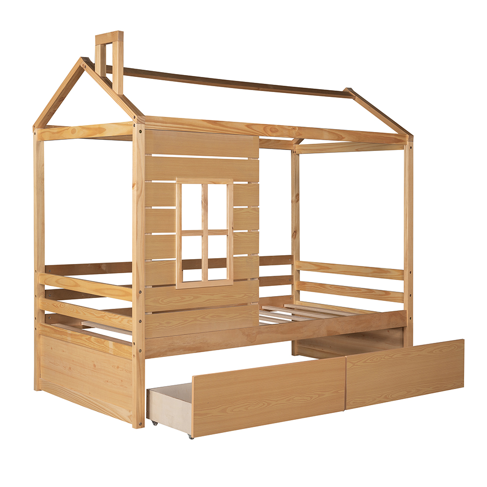 Twin Size House-shaped Platform Bed Frame with 2 Storage Drawers and Wooden Slats Support, No Box Spring Needed (Only Frame) - Natural