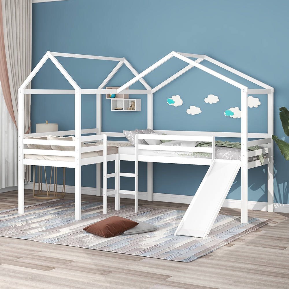 Twin-Size House-Shaped Loft Bed Frame with Slide, Ladder, and Wooden Slats Support, No Box Spring Required, for Kids, Teens, Boys, Girls (Frame Only) - White