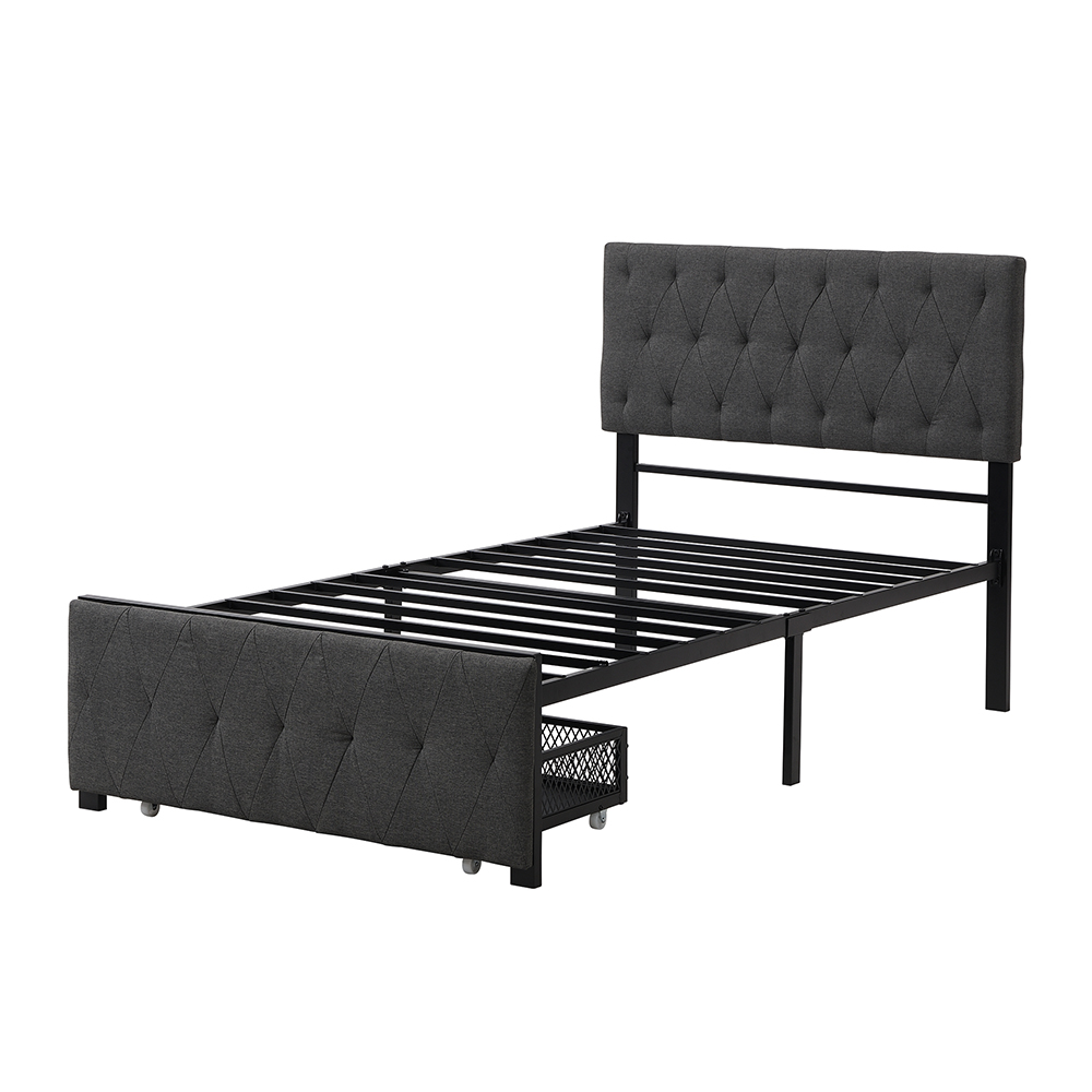 Twin Size Upholstered Platform Bed Frame with Storage Drawer Gray