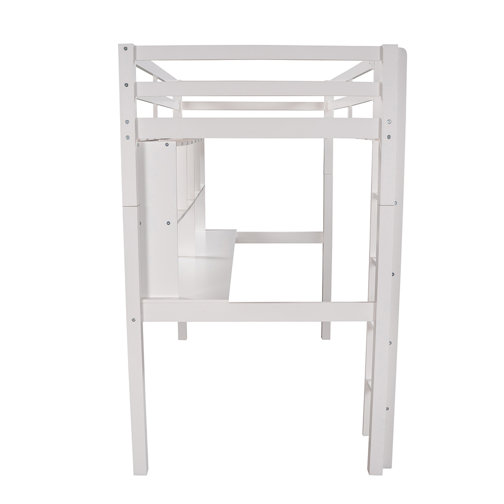 Twin-Size Loft Bed Frame with Desk, Storage Shelves, and Wooden Slats Support, No Box Spring Required, for Kids, Teens, Boys, Girls (Frame Only) - White