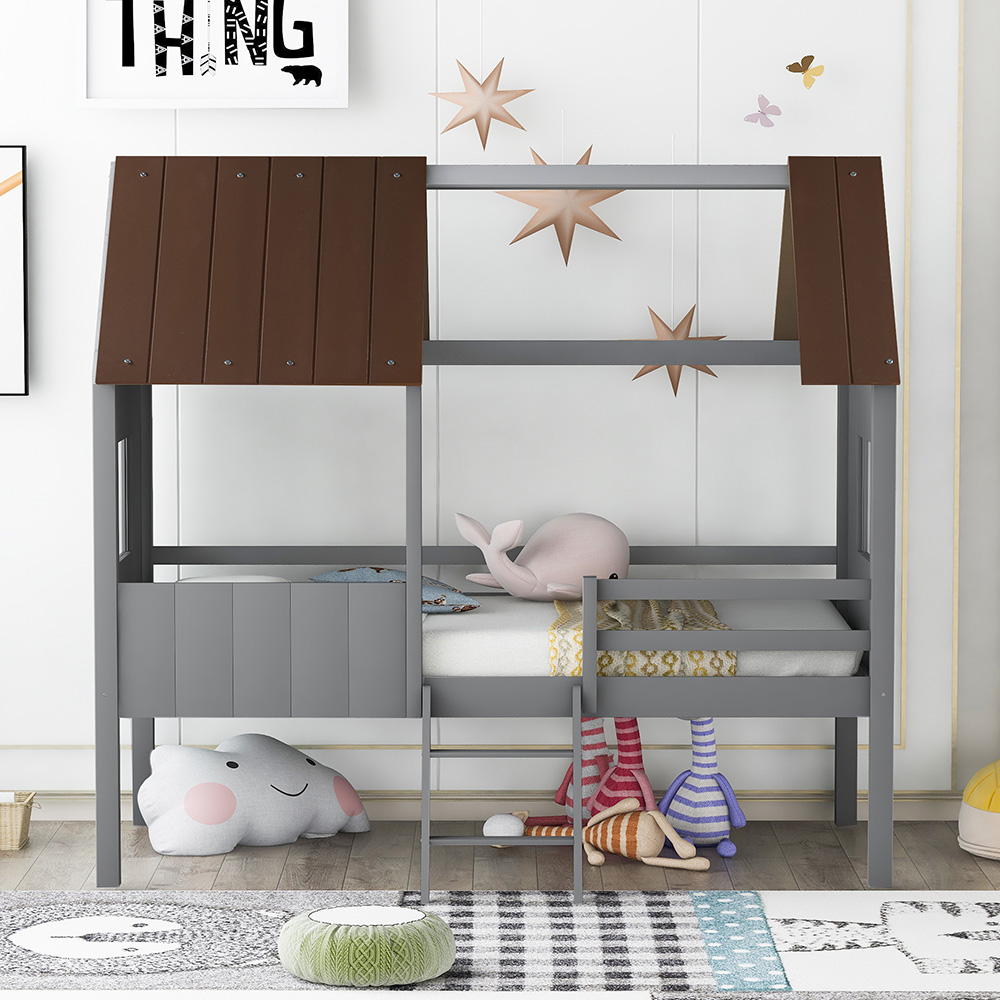 Twin-Size House-Shaped Loft Bed Frame with Two Side Windows and Wooden Slats Support, No Box Spring Required, for Kids, Teens, Boys, Girls (Frame Only) - Antique Gray + Normal Gray