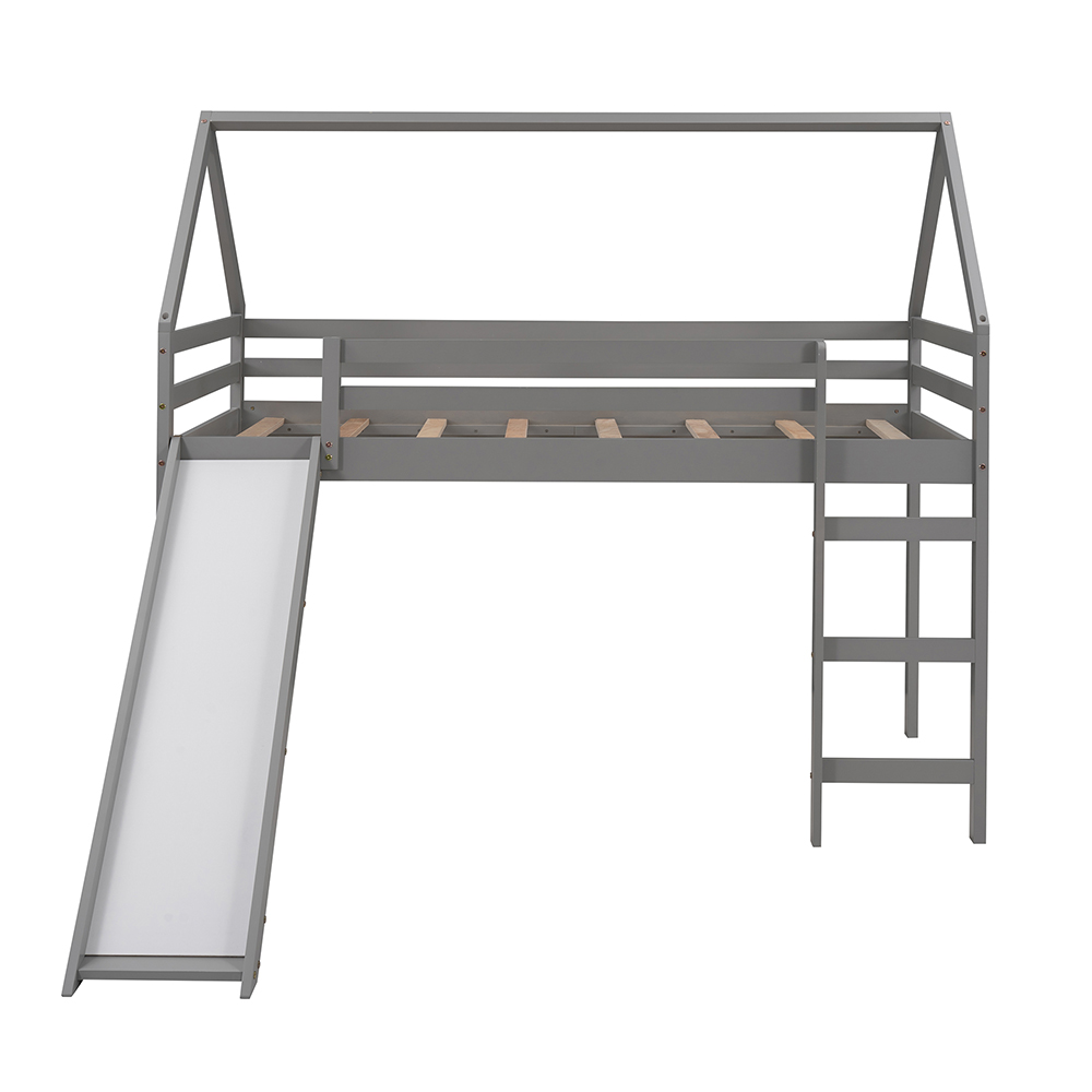 Twin-Size House-Shaped Loft Bed Frame with Slide and Wooden Slats Support, No Box Spring Required, for Kids, Teens, Boys, Girls (Frame Only) - Gray