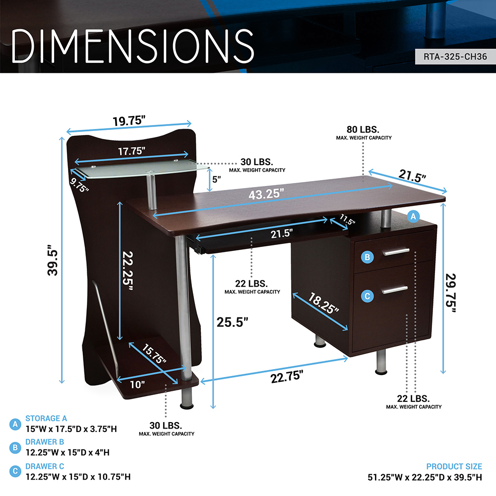 Techni Mobili Home Office Computer Desk with Keyboard Panel, 2 Storage Drawers, MDF Tabletop and Metal Frame, for Game Room, Small Space, Study Room - Brown