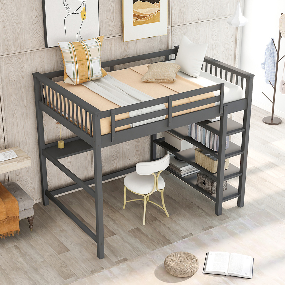 Full Size Wooden Loft Bed Frame with Storage Shelves and Desk, Space-saving Design, No Need for Spring Box - Gray