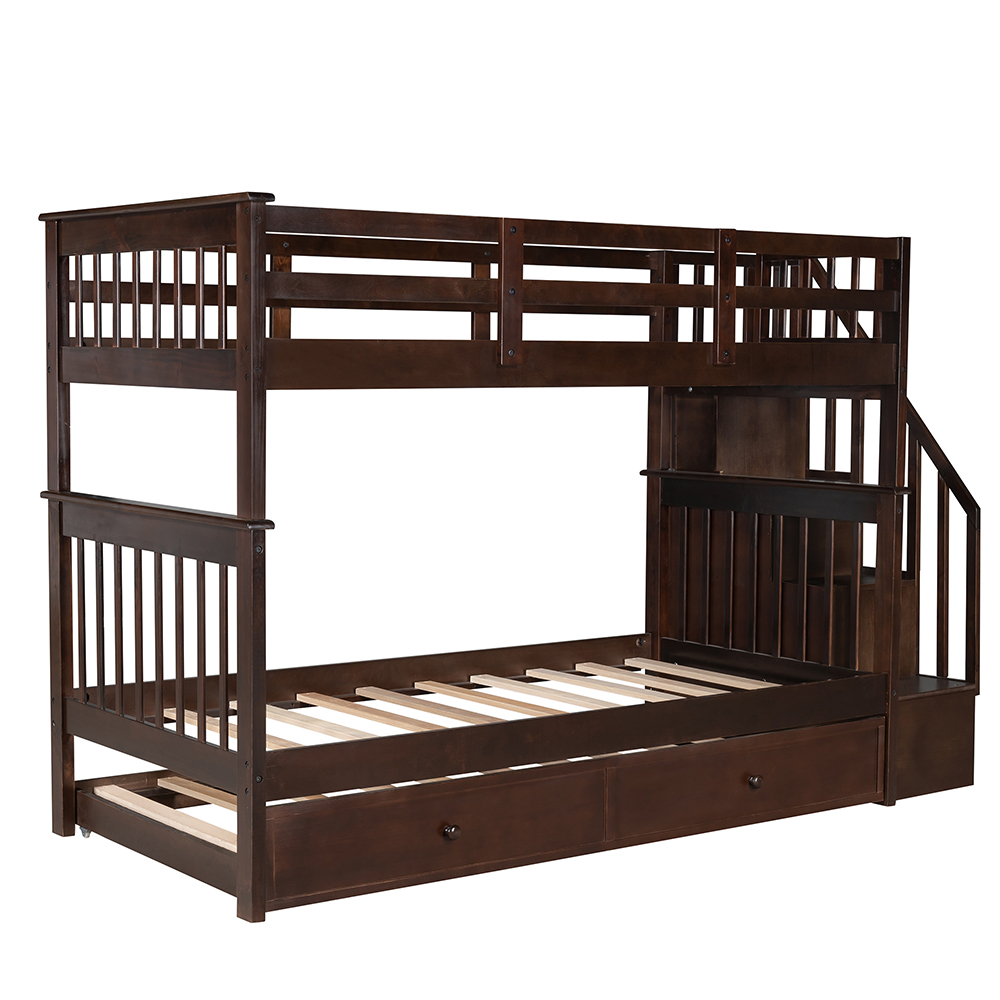Twin-Over-Twin Size Bunk Bed Frame with Trundle, Storage Shelves, and Wooden Slats Support, for Kids, Teens, Boys, Girls (Frame Only) - Espresso