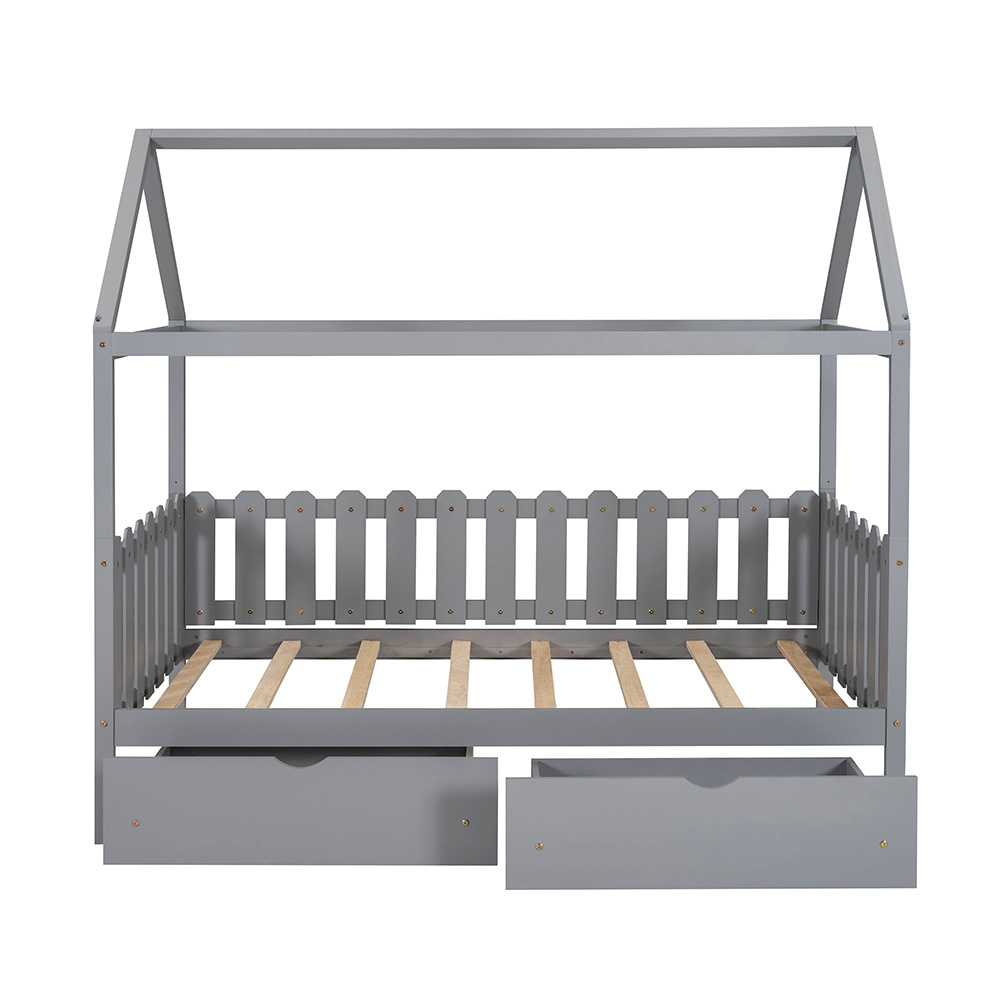 Twin Size House-Shaped Platform Bed Frame with 2 Storage Drawers, Fence-shaped Guardrail, and Wooden Slats Support, No Box Spring Needed (Only Frame) - Gray