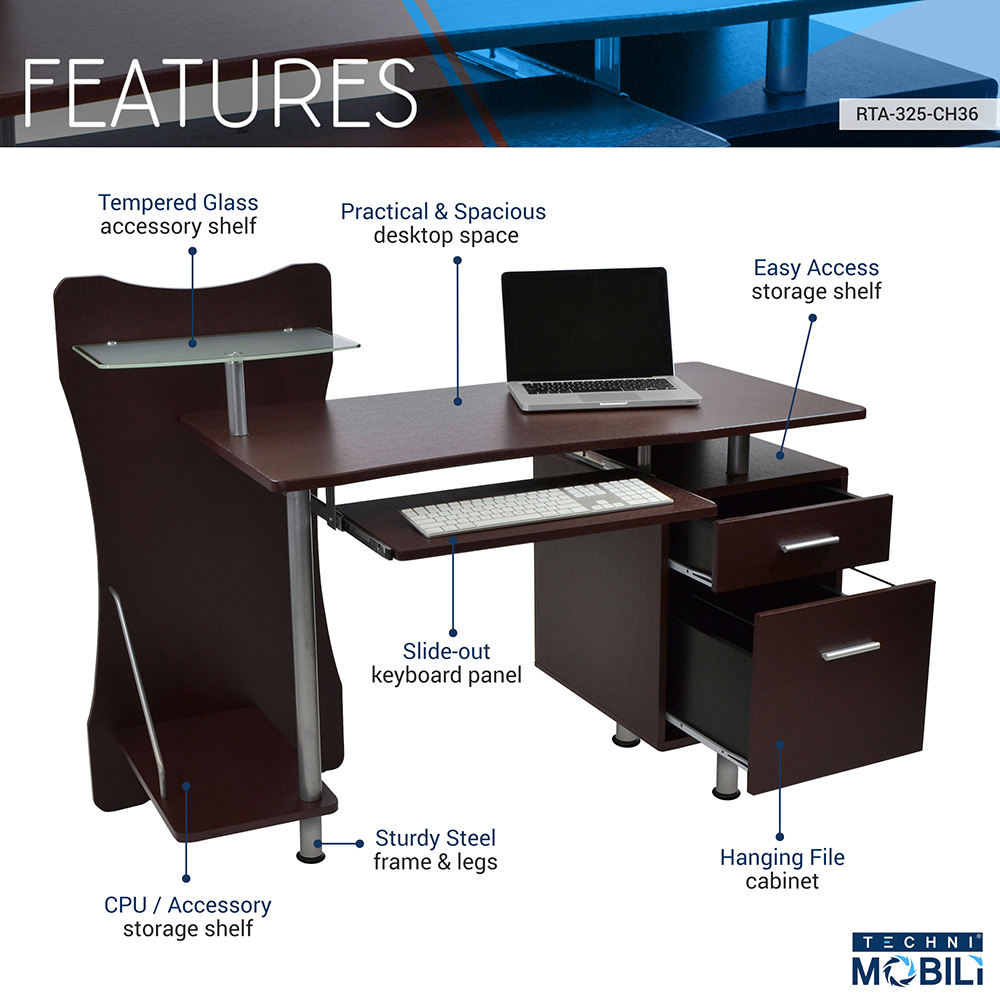 Techni Mobili Home Office Computer Desk with Keyboard Panel, 2 Storage Drawers, MDF Tabletop and Metal Frame, for Game Room, Small Space, Study Room - Brown