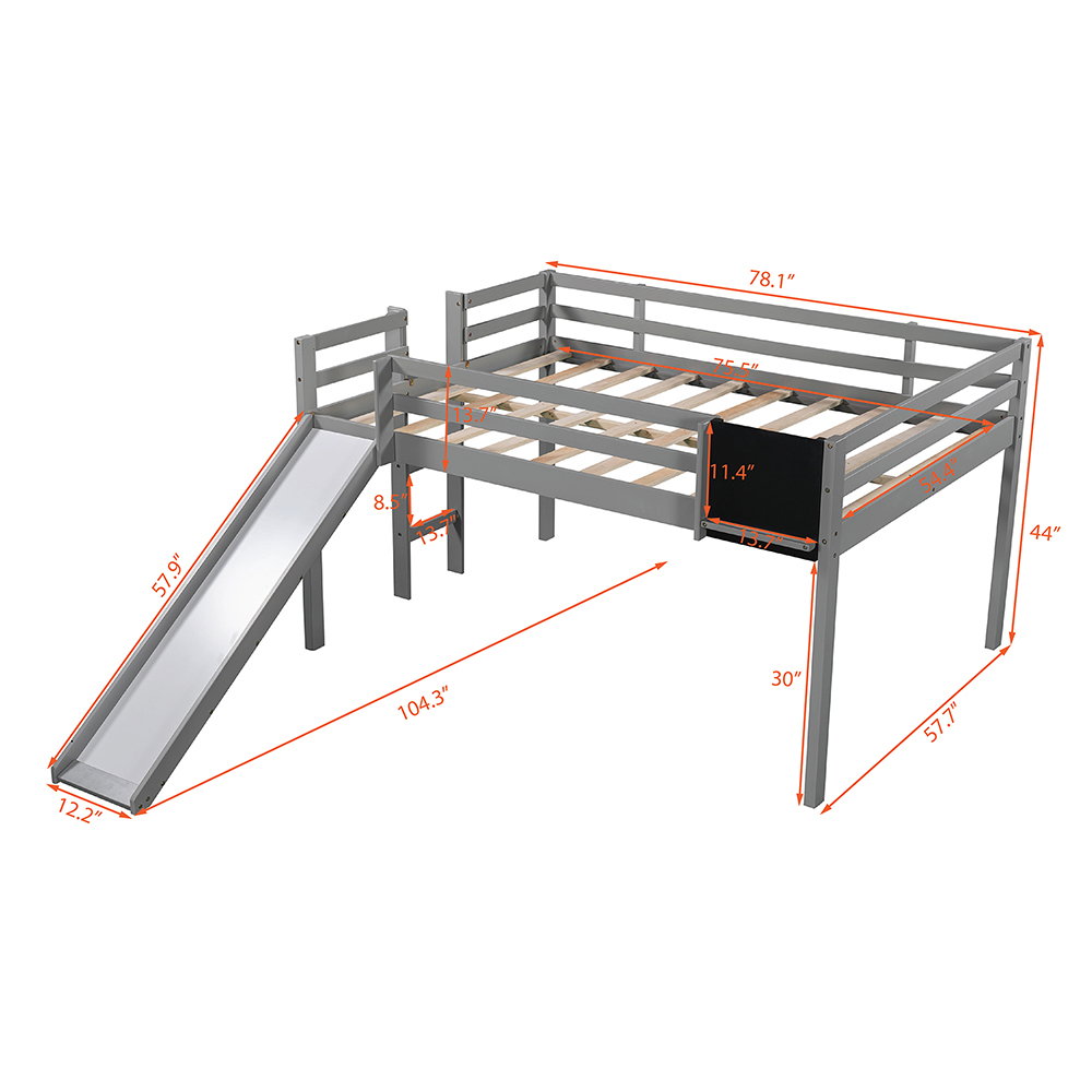 Full-Size Loft Bed Frame with Slide, Chalkboard, and Wooden Slats Support, No Box Spring Required, for Kids, Teens, Boys, Girls (Frame Only) - Gray