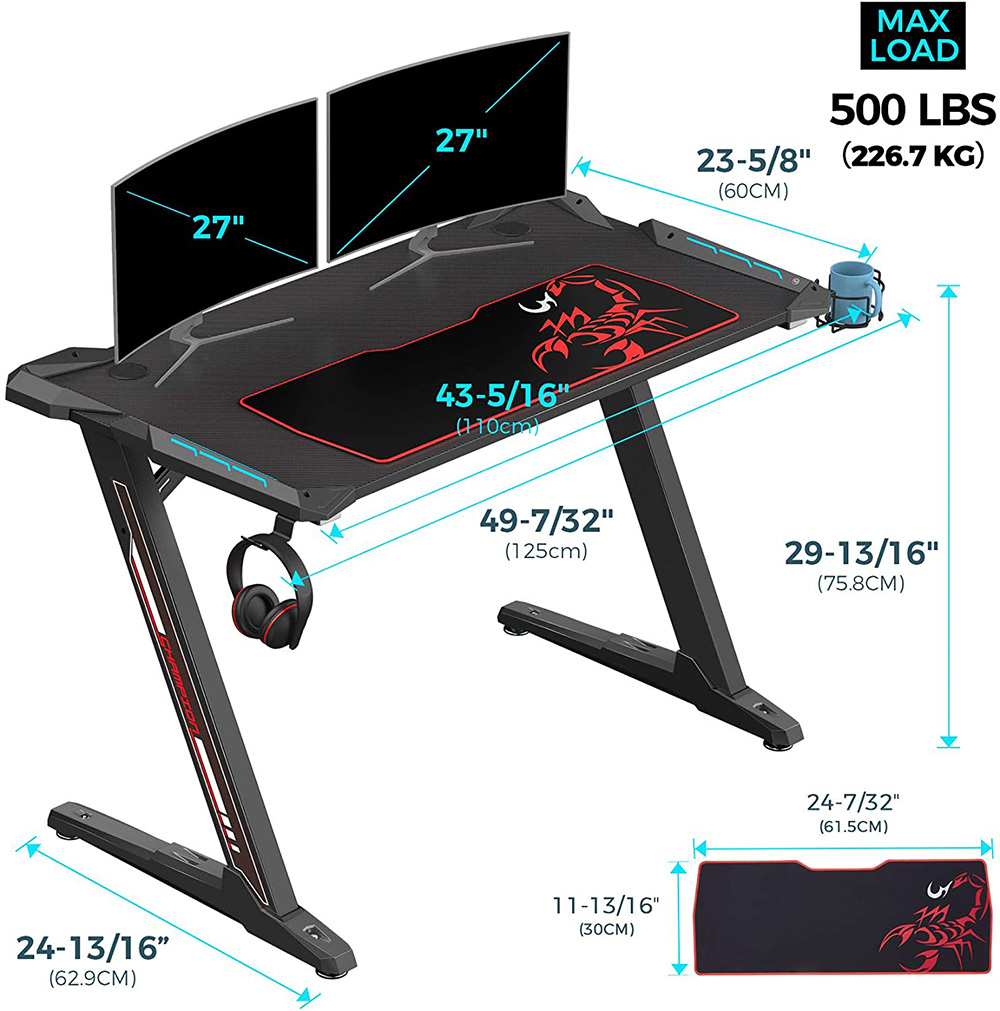 Home Office 44.5" Computer Desk with LED Lights, Wooden Tabletop and Metal Frame, for Game Room, Small Space, Study Room - Black