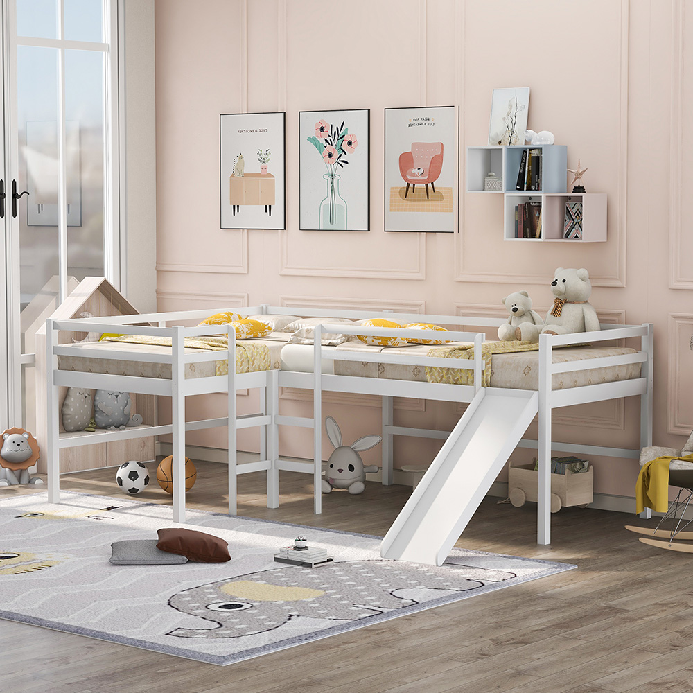 Twin-Size L-Shaped Loft Bed Frame with Built-in Ladders, Slide, and Wooden Slats Support, No Box Spring Required, for Kids, Teens, Boys, Girls (Frame Only) - White