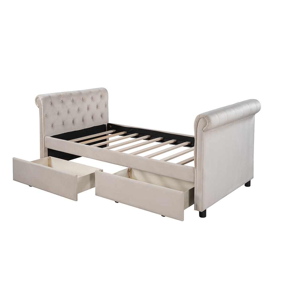 Twin Size Upholstered Daybed with 2 Storage Drawers, and Wooden Slats Support, No Box Spring Needed (Only Frame) - Beige