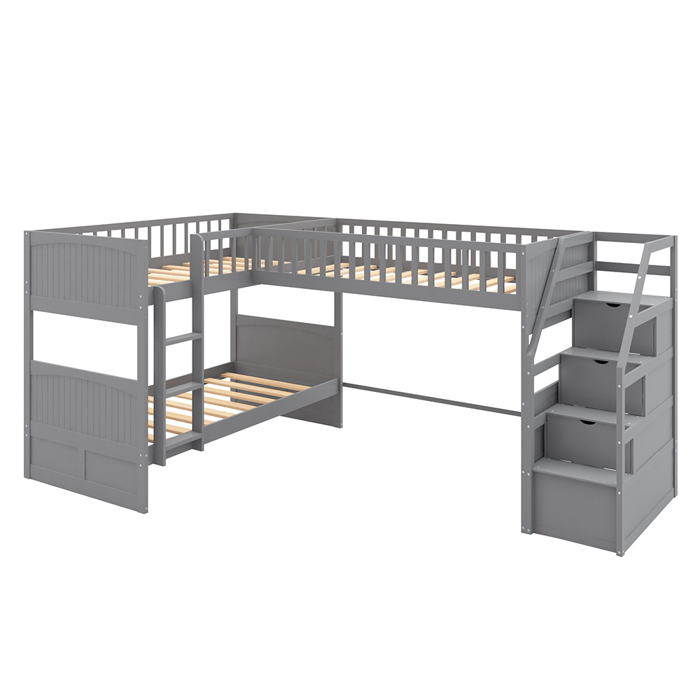 Twin-Over-Twin Size L-Shaped Bunk Bed Frame with Ladder, Storage Stairs, and Wooden Slats Support, for Kids, Teens, Boys, Girls (Frame Only) - Gray