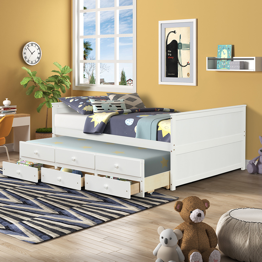 Full Size Platform Bed Frame with Twin Size Trundle, 3 Storage Drawers, and Wooden Slats Support, No Box Spring Needed (Only Frame) - White