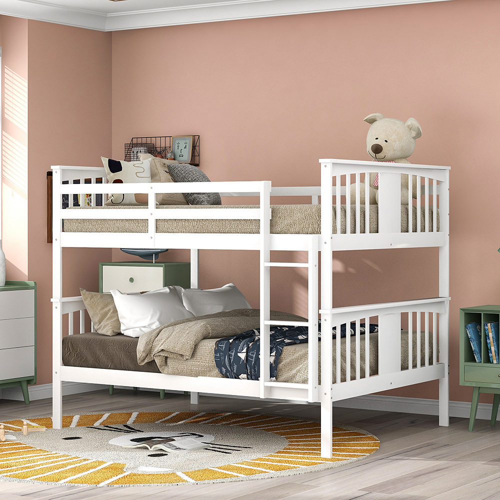Full-Over-Full Size Bunk Bed Frame with Ladder, and Wooden Slats Support, for Kids, Teens, Boys, Girls (Frame Only) - White