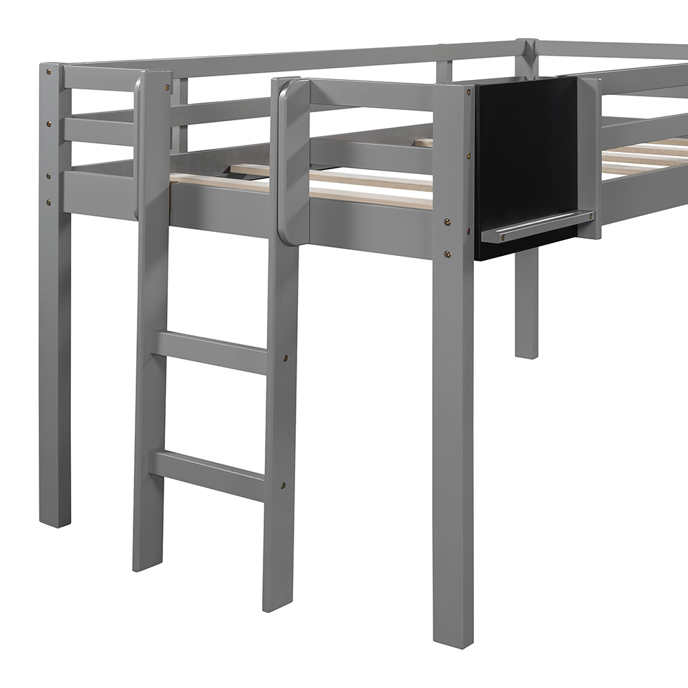 Twin-Size Loft Bed Frame with Slide, Chalkboard, and Wooden Slats Support, No Box Spring Required, for Kids, Teens, Boys, Girls (Frame Only) - Gray