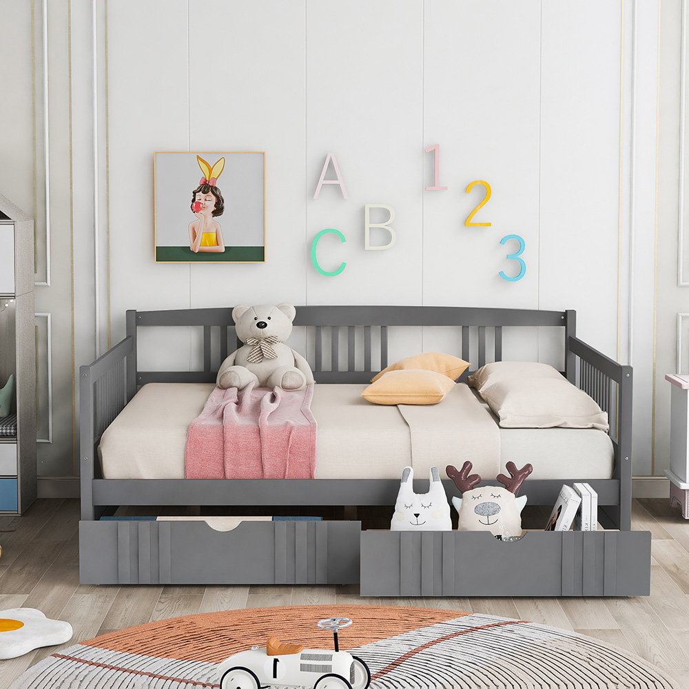 Full Size Daybed with 2 Storage Drawers, and Wooden Slats Support, Space-saving Design, No Box Spring Needed - Gray