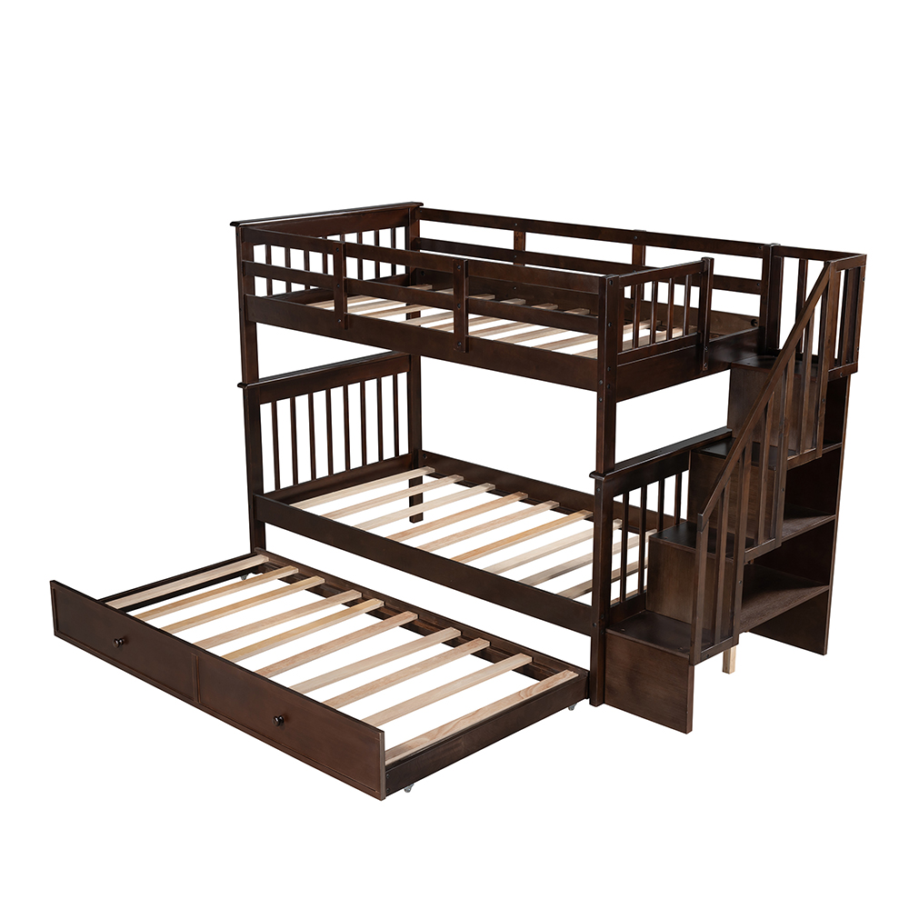 Twin-Over-Twin Size Bunk Bed Frame with Trundle, Storage Shelves, and Wooden Slats Support, for Kids, Teens, Boys, Girls (Frame Only) - Espresso